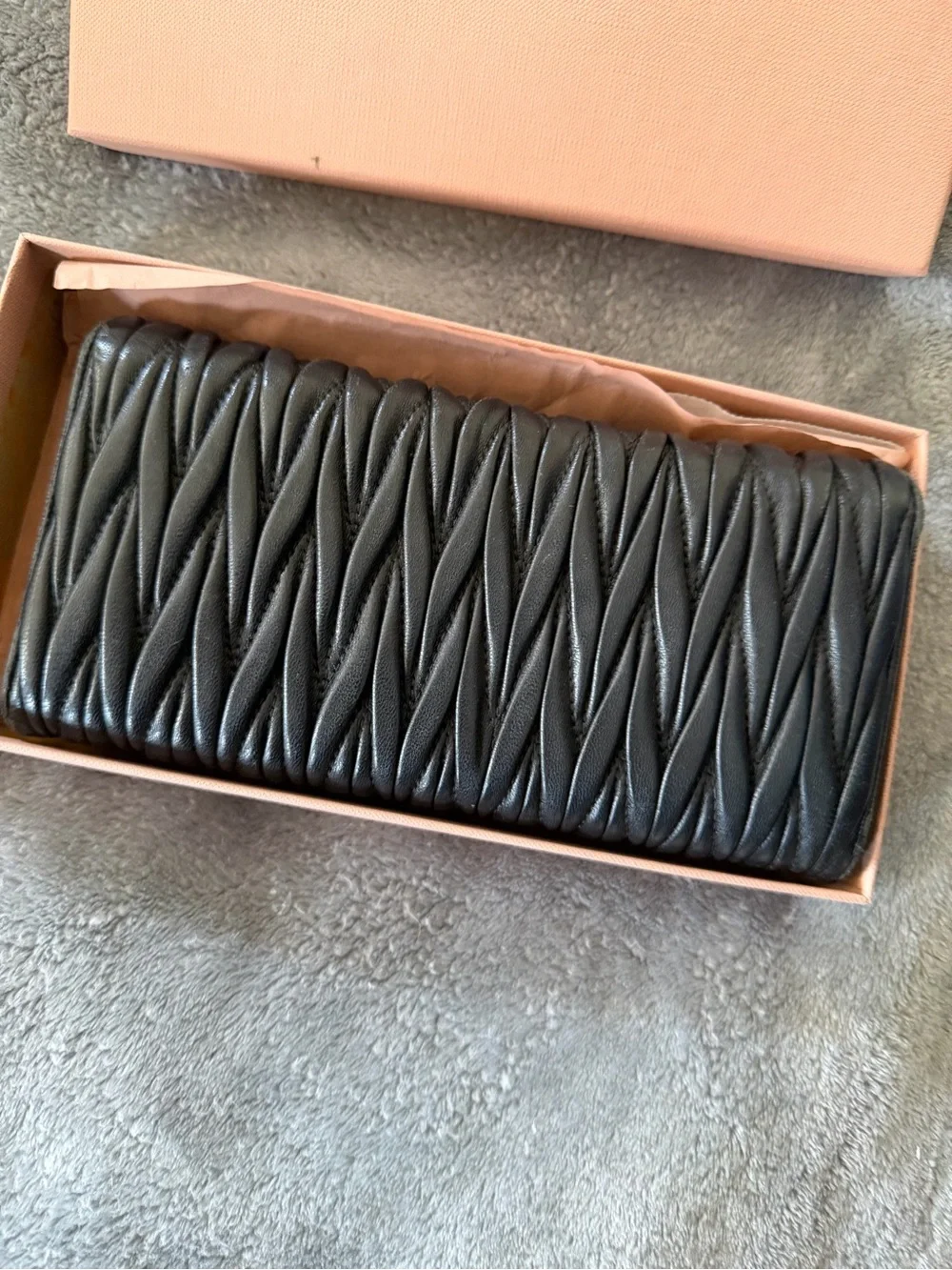 Miu Miu Black Matelassé Leather Wallet with Bejeweled Logo